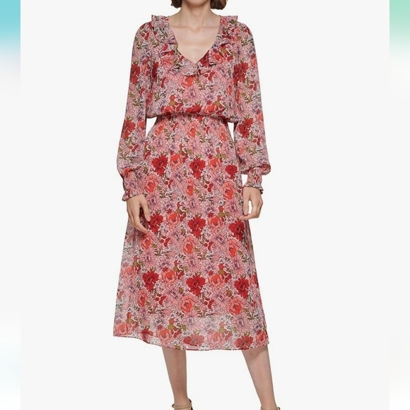 NWT Tommy Hilfiger Women Floral V Neck Midi Long Sleeve Long Dress Sz 2 - Picture 2 of 9